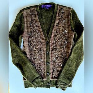 Ralph Lauren Collection olive cashmere cardigan bullion embroidery rhinestones S